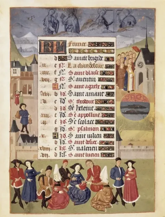 Framed Print : February. Procession and games. Gothic art. Miniature Framed Print : February. Procession and games. Gothic art. Miniature