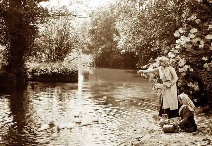 Framed Print : Feeding the ducks, Victorian period Framed Print : Feeding the ducks, Victorian period