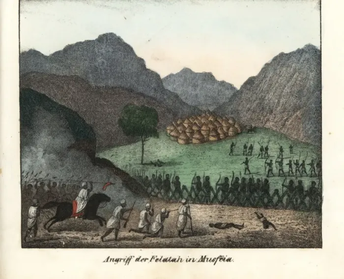 Framed Print : Felatah warriors defending Musfeia from an Arab attack Framed Print : Felatah warriors defending Musfeia from an Arab attack