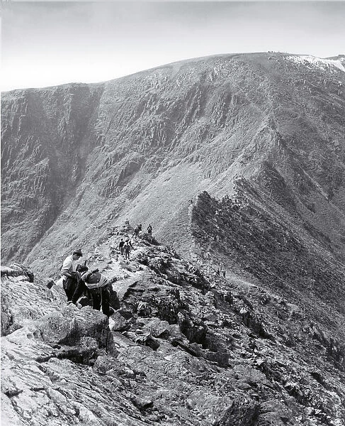 Fell walkers on Striding Edge leading to Helvellyn, Lake Dis