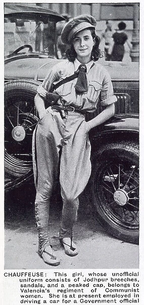 A female chauffeur of Valencia's Communist Regiment, who was employed driving a Republican politician around, pictured in the early stages of the Spanish Civil War. Date: 1936