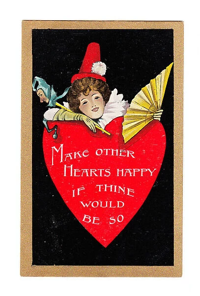 Female clown with red heart on a Valentine postcard