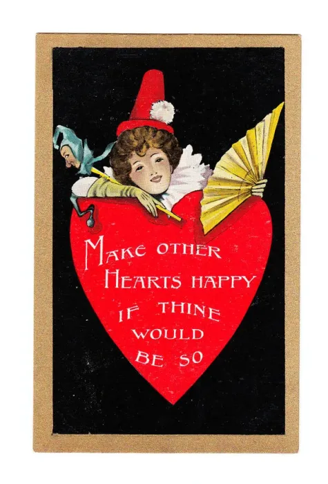 Framed Print : Female clown with red heart on a Valentine postcard Framed Print : Female clown with red heart on a Valentine postcard