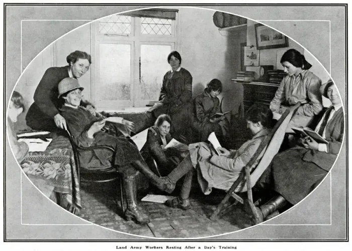 Framed Print : Female land army workers resting after a full day 1918 Framed Print : Female land army workers resting after a full day 1918