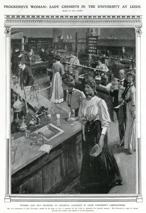 Framed Print : Female and male undergraduates in laboratory, July 1908 Framed Print : Female and male undergraduates in laboratory, July 1908