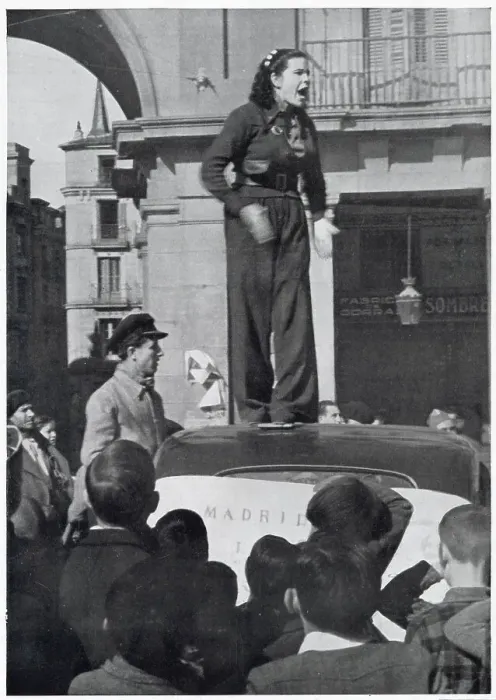 Framed Print : A female Republican supporter giving a speech on top of a car, Madrid, 1936. It was reported that she was calling for more volunteers to join the Republican army. Date: 1936 Framed Print : A female Republican supporter giving a speech on top of a car, Madrid, 1936. It was reported that she was calling for more volunteers to join the Republican army. Date: 1936