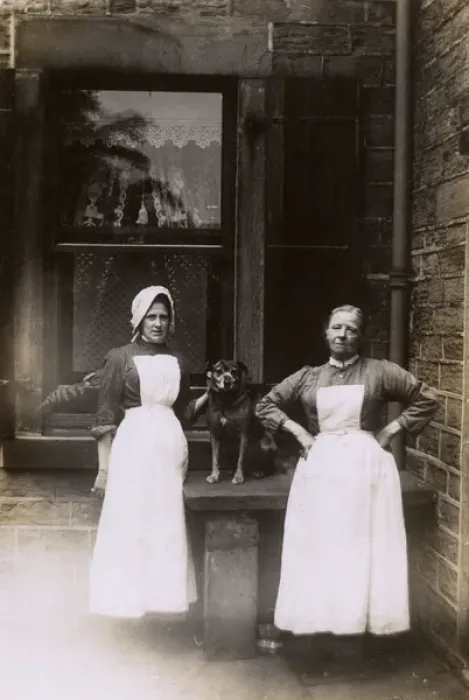 Framed Print : Two female servants and dog in yard Framed Print : Two female servants and dog in yard