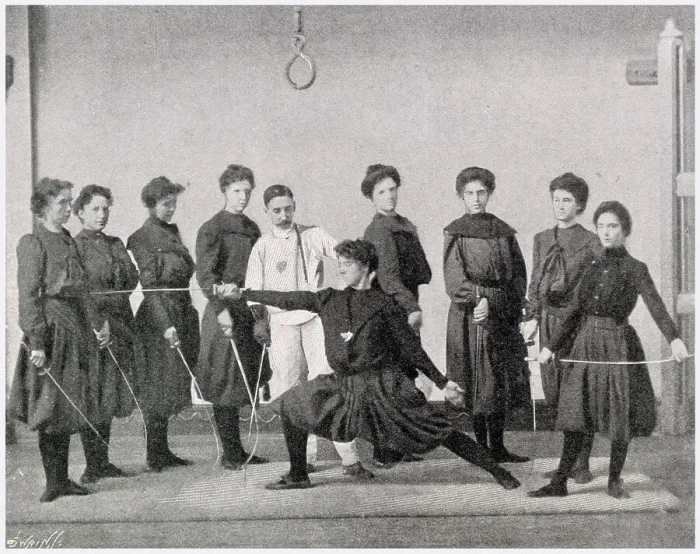 Framed Print : A fencing class for women. Date: 1901 Framed Print : A fencing class for women. Date: 1901