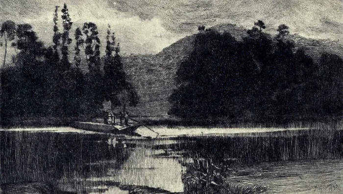 Framed Print : The Ferry. This etching shows a small ferry boat travelling along the calm waters Framed Print : The Ferry. This etching shows a small ferry boat travelling along the calm waters