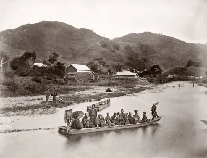 Framed Print : Ferry boat across a river, Japan Framed Print : Ferry boat across a river, Japan