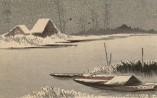 Ferryboats in snow. Print shows two small boats moored among reeds on the