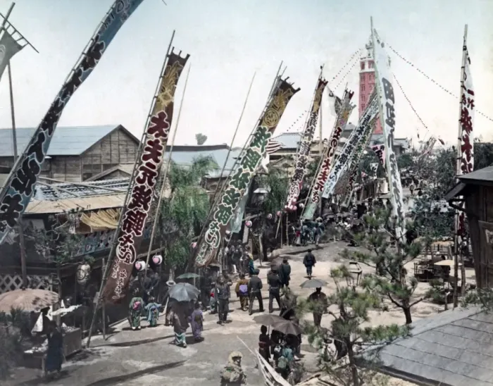 Framed Print : Festival banners, Japan, circa 1890 Framed Print : Festival banners, Japan, circa 1890