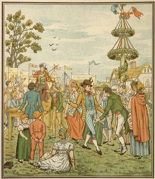 A fiddler plays for the dancers by the maypole on the village green Date: early 19th century
