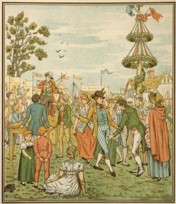 Framed Print : A fiddler plays for the dancers by the maypole on the village green Date: early 19th century Framed Print : A fiddler plays for the dancers by the maypole on the village green Date: early 19th century