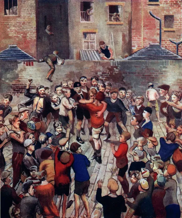 Framed Print : The Fight. Painting showing a hectic fight scene between two large school boys Framed Print : The Fight. Painting showing a hectic fight scene between two large school boys