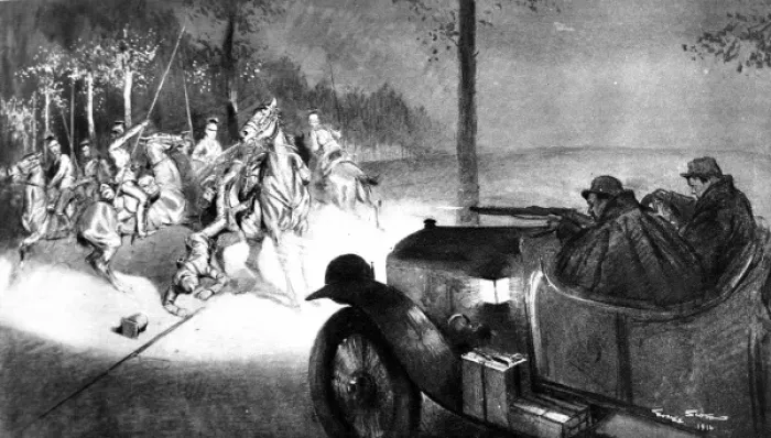 Framed Print : A fight between an armoured car and a German cavalry patrol Framed Print : A fight between an armoured car and a German cavalry patrol