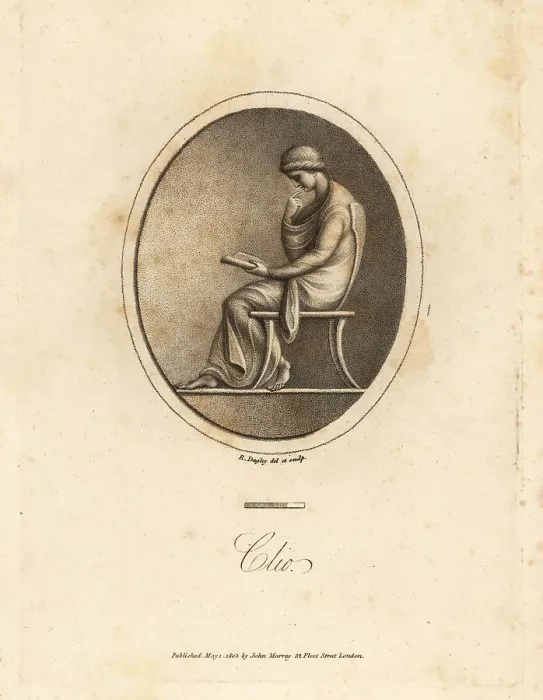 Framed Print : Figure of Clio, Muse of History, seated in a chair, reading a sc Framed Print : Figure of Clio, Muse of History, seated in a chair, reading a sc