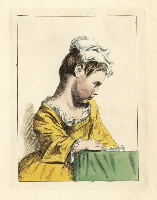 Framed Print : Figure of a girl in linen cap at a table Framed Print : Figure of a girl in linen cap at a table
