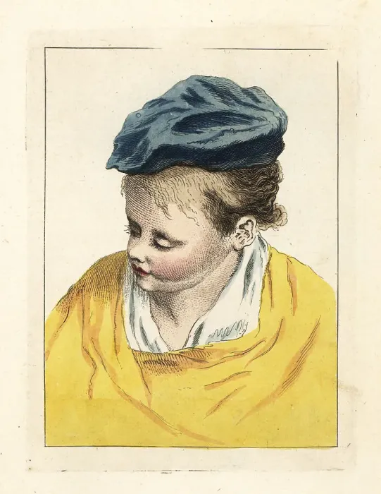 Framed Print : Figure of a girl in velvet cap looking down Framed Print : Figure of a girl in velvet cap looking down