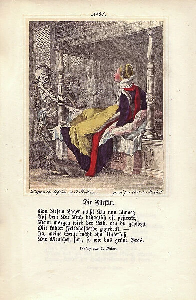 Two figures of Death come for a Duchess sitting up in bed