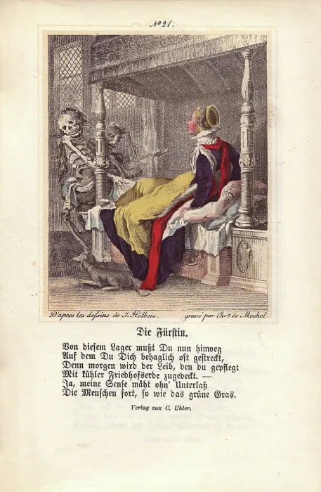 Framed Print : Two figures of Death come for a Duchess sitting up in bed Framed Print : Two figures of Death come for a Duchess sitting up in bed