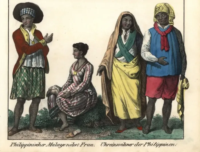 Framed Print : Filipino Malay in scarlet jacket with wife in striped dress Framed Print : Filipino Malay in scarlet jacket with wife in striped dress