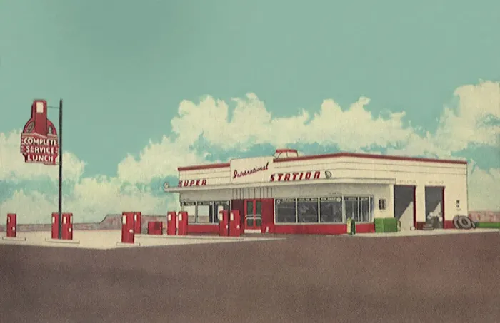 Framed Print : Filling Station Date: 1950 Framed Print : Filling Station Date: 1950