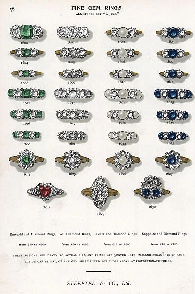 Fine gem rings in emerald, diamond, pearl and sapphire