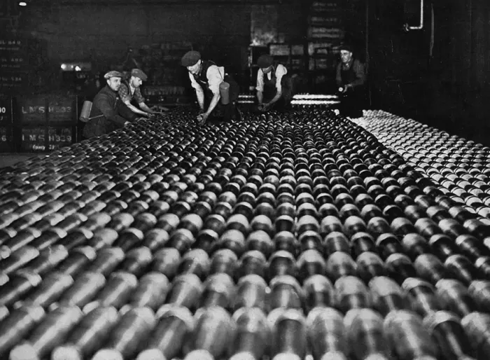 Framed Print : Finished shells in a munitions factory, 1939 Framed Print : Finished shells in a munitions factory, 1939