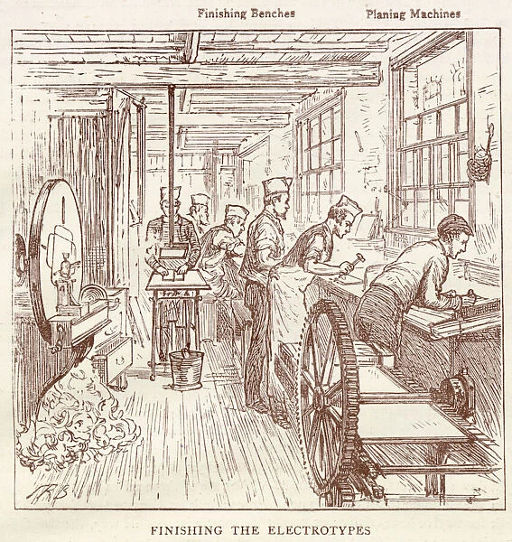 Finising and planing the electrotypes, before the printing can be done. Date: 1881