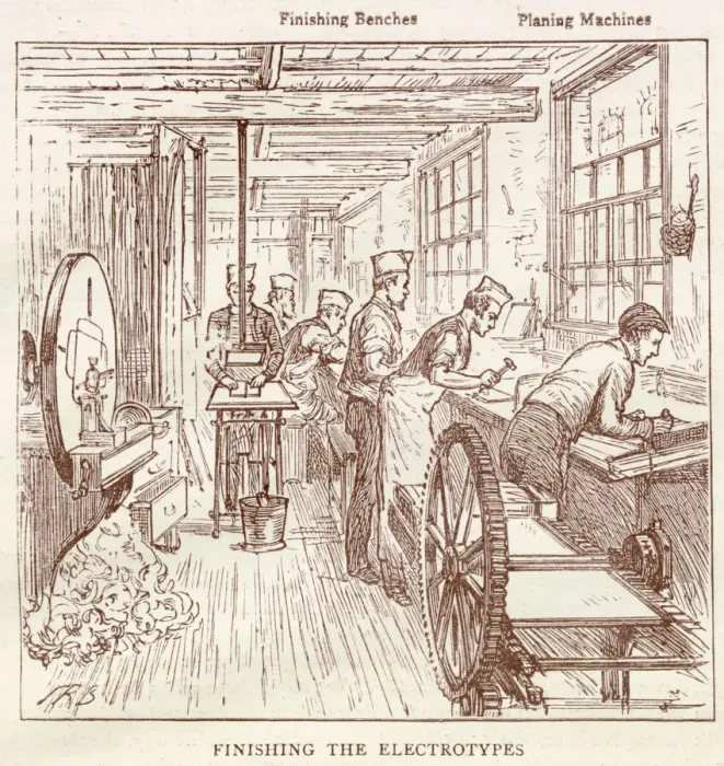 Framed Print : Finising and planing the electrotypes, before the printing can be done. Date: 1881 Framed Print : Finising and planing the electrotypes, before the printing can be done. Date: 1881