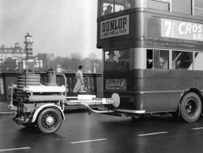Framed Print : Fire appliance trailer attached to a London bus Framed Print : Fire appliance trailer attached to a London bus