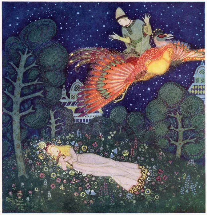 Framed Print : The Fire Bird, a Russian fairy tale. There he found the Princess asleep and saw that her face was the face he had seen in the portrait. The Prince is carried away by the Fire Bird on his fifteenth birthday and sees the Princess asleep Framed Print : The Fire Bird, a Russian fairy tale. There he found the Princess asleep and saw that her face was the face he had seen in the portrait. The Prince is carried away by the Fire Bird on his fifteenth birthday and sees the Princess asleep