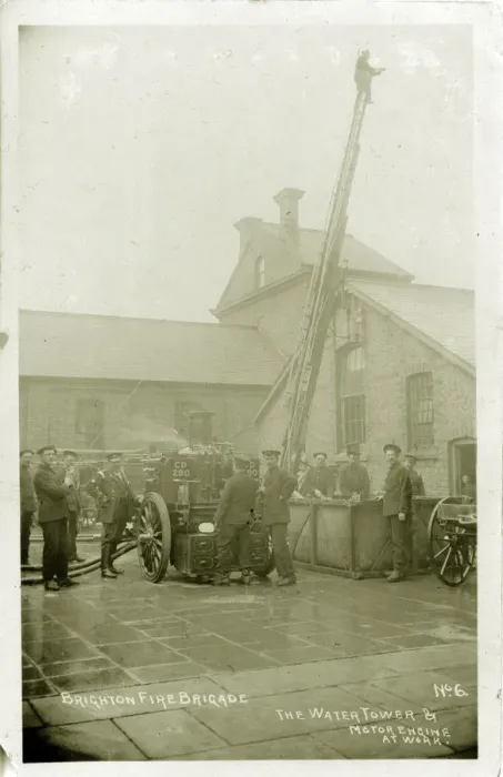 Framed Print : Fire Brigade at Work with Water Tower and Motor Engine Framed Print : Fire Brigade at Work with Water Tower and Motor Engine