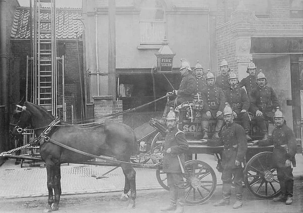 Fire crew and horse drawn pump