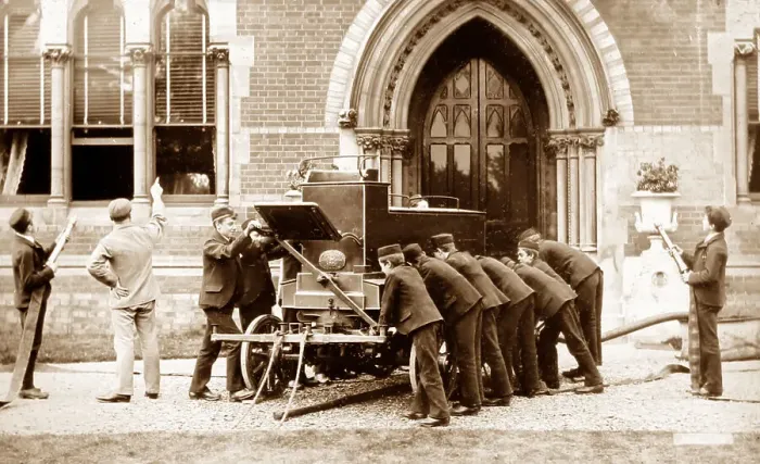 Framed Print : Fire drill, Rusell Hill Schools, Purley, Victorian period Framed Print : Fire drill, Rusell Hill Schools, Purley, Victorian period