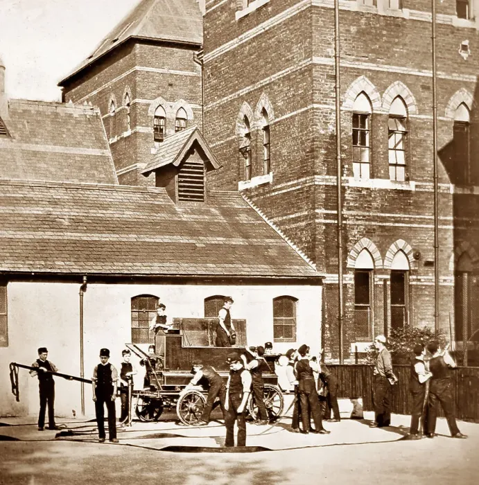 Framed Print : Fire drill, Rusell Hill Schools, Purley, Victorian period Framed Print : Fire drill, Rusell Hill Schools, Purley, Victorian period
