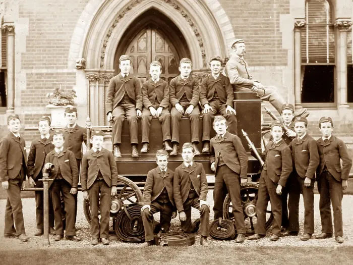 Framed Print : Fire drill, Rusell Hill Schools, Purley, Victorian period Framed Print : Fire drill, Rusell Hill Schools, Purley, Victorian period