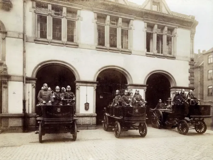 Framed Print : Three fire engines and crews, Hanover, Germany Framed Print : Three fire engines and crews, Hanover, Germany