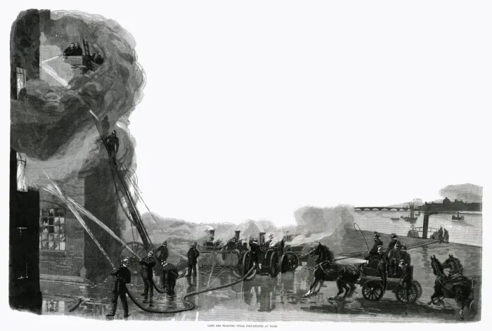 Framed Print : Fire engines at work 1888 Framed Print : Fire engines at work 1888