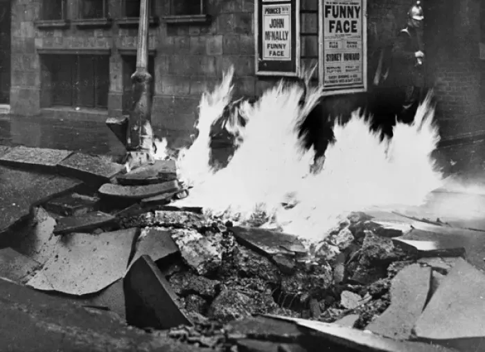 Framed Print : Fire from gas explosion on a London street Framed Print : Fire from gas explosion on a London street