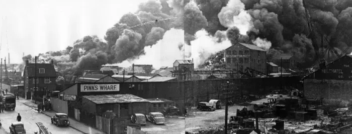 Framed Print : Fire at supply depot, Limmer Wharf, Barking, Essex Framed Print : Fire at supply depot, Limmer Wharf, Barking, Essex