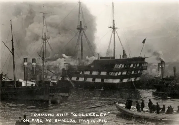 Framed Print : Fire on Training Ship Wellesley, North Shields Framed Print : Fire on Training Ship Wellesley, North Shields