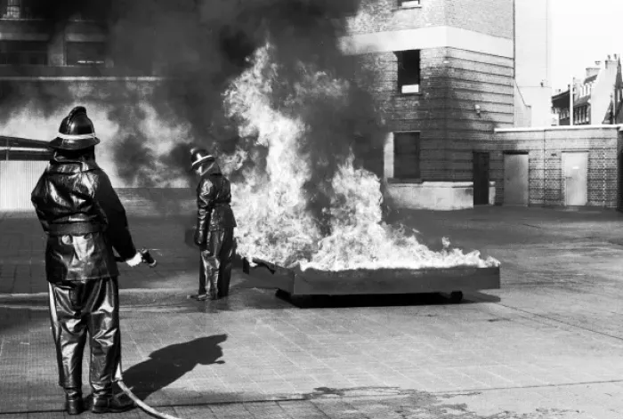 Framed Print : Fire uniform heat tests at Lambeth HQ
