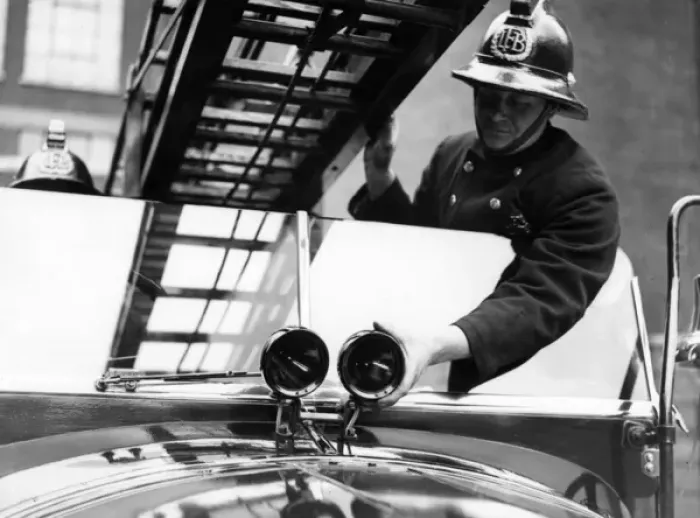 Framed Print : Firefighter with fire engine Framed Print : Firefighter with fire engine