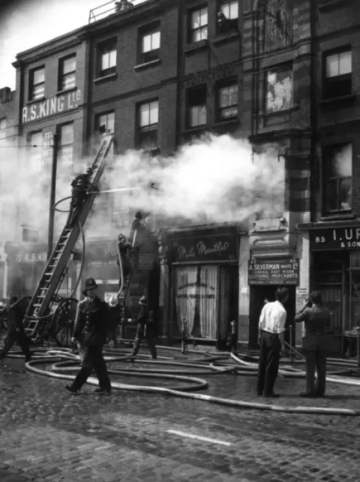 Framed Print : Firefighters in action in Commercial Road, East London Framed Print : Firefighters in action in Commercial Road, East London