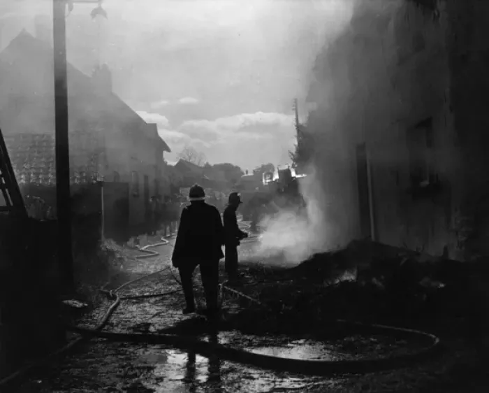 Framed Print : Firefighters in action at a fire, Exminster, Devon Framed Print : Firefighters in action at a fire, Exminster, Devon