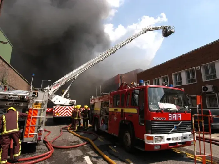 Framed Print : Firefighters in action at a fire, VDC House, Wembley Framed Print : Firefighters in action at a fire, VDC House, Wembley