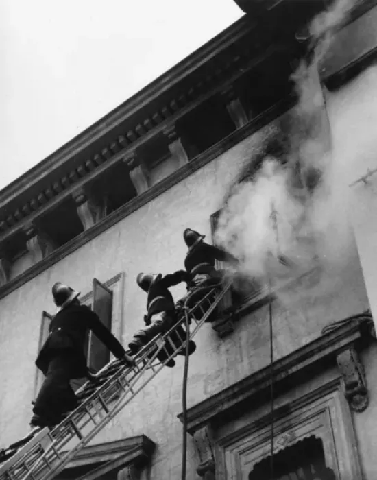 Framed Print : Firefighters in action up a ladder Framed Print : Firefighters in action up a ladder