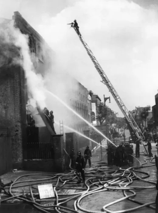 Framed Print : Firefighters in action with ladder and hosepipes Framed Print : Firefighters in action with ladder and hosepipes